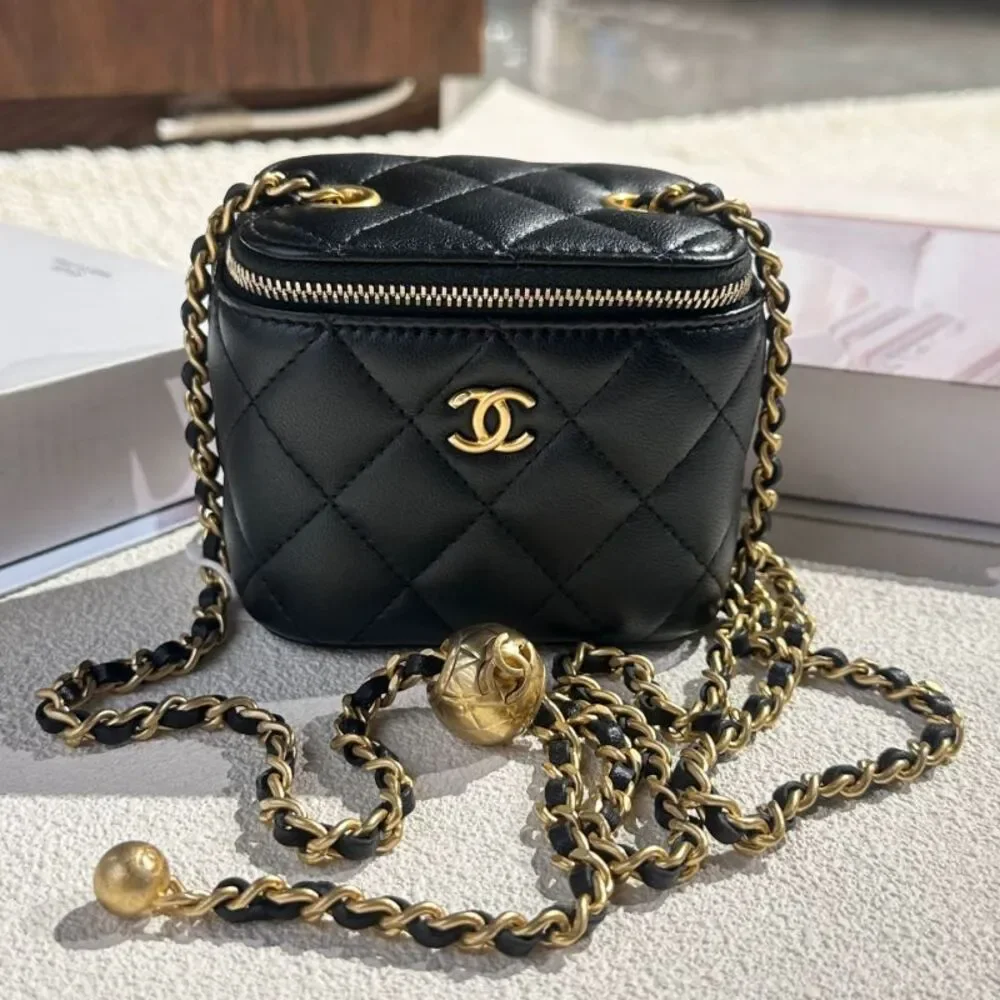 CHANEL Black Quilted Lambskin Mini Vanity Bag with Gold Hardware